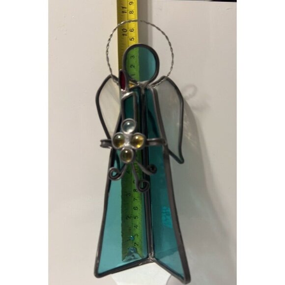 Vintage Stained Glass Angel W Halo Holding Cross and Candle Sun Catcher - Picture 5 of 5
